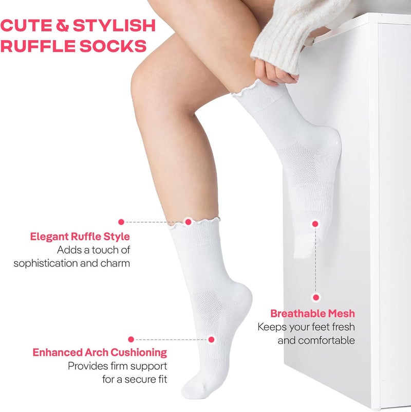 CoolMate Store 3 Pairs Womens Ruffle Socks, Cute Cotton Blend Crew Socks, Turn-Cuff Frilly Ankle Socks for Women - Image 2